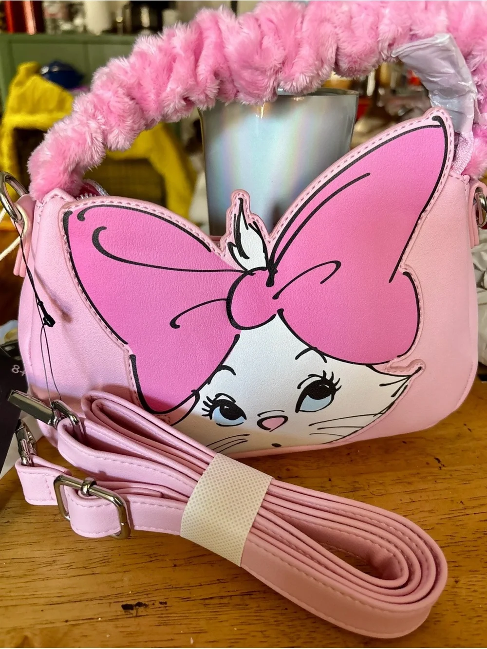 Loungefly Disney Aristocats Marie Pink Bow Fuzzy Handle Crossbody Bag NWT
